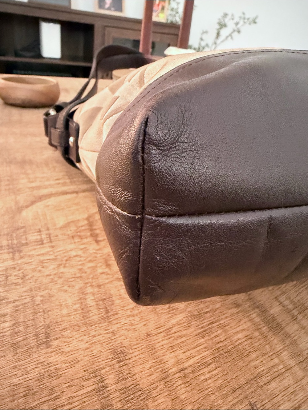 Y2K Aesthetic Coach Beige Signature Sateen Shoulder Bag with Brown Leather Trim - Picture 6 of 14